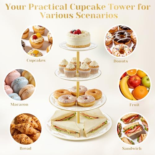 4-Tier Cupcake Stand Tower, British Style Porcelain Tiered Tray with Golden Trim & Pattern, Food Grade Dessert, alternate