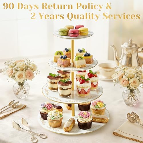 4-Tier Cupcake Stand Tower, British Style Porcelain Tiered Tray with Golden Trim & Pattern, Food Grade Dessert, alternate