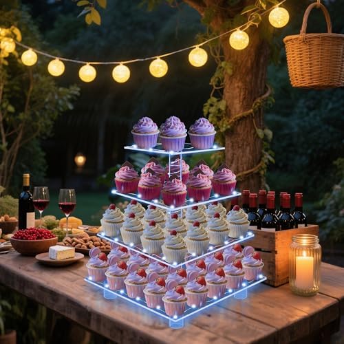4 Tier Cupcake Stand with Blue Lights, Square Cupcake Tower for Party, alternate view 2