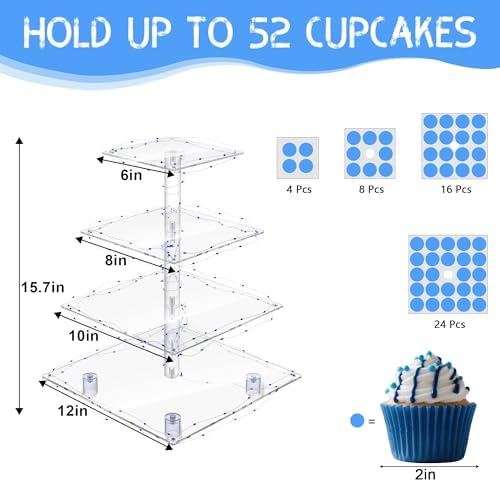 4 Tier Cupcake Stand with Blue Lights, Square Cupcake Tower for Party, alternate view 3