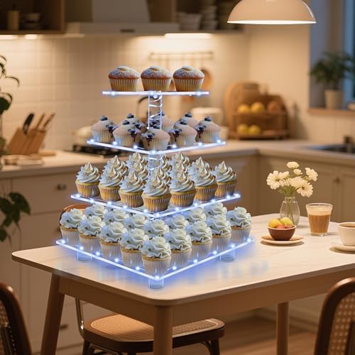 4 Tier Cupcake Stand with Blue Lights, Square Cupcake Tower for Party, alternate view 5