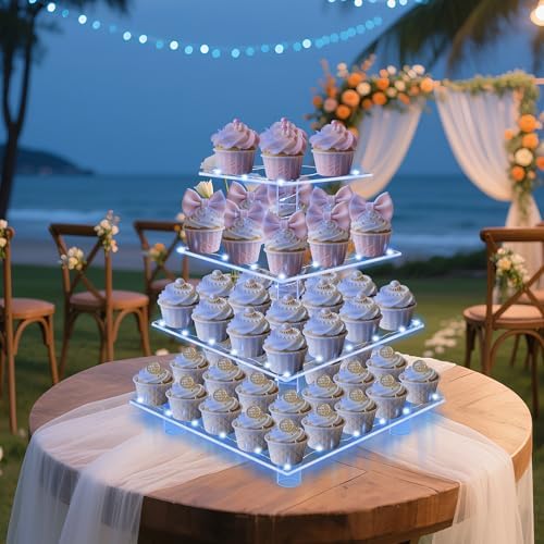 4 Tier Cupcake Stand with Blue Lights, Square Cupcake Tower for Party, alternate view 6