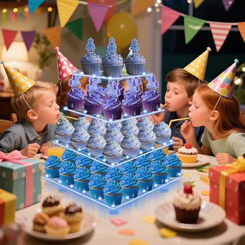 4 Tier Cupcake Stand with Blue Lights, Square Cupcake Tower for Party, alternate view 7