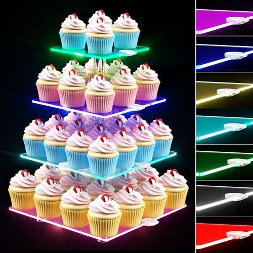4 Tier Cupcake Stand with Rechargeable Light, LED Acrylic Cupcake Tower in clear