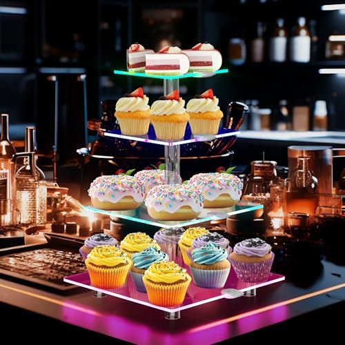 4 Tier Cupcake Stand with Rechargeable Light, LED Acrylic Cupcake Tower in clear, alternate view 2