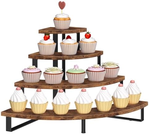 4 Tier Cupcake Stand, Wooden Cup Cake Stand Stairs, Curved Corner in Rustic Brown
