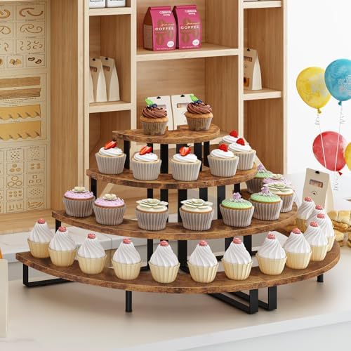 4 Tier Cupcake Stand, Wooden Cup Cake Stand Stairs, Curved Corner in Rustic Brown, alternate view 2