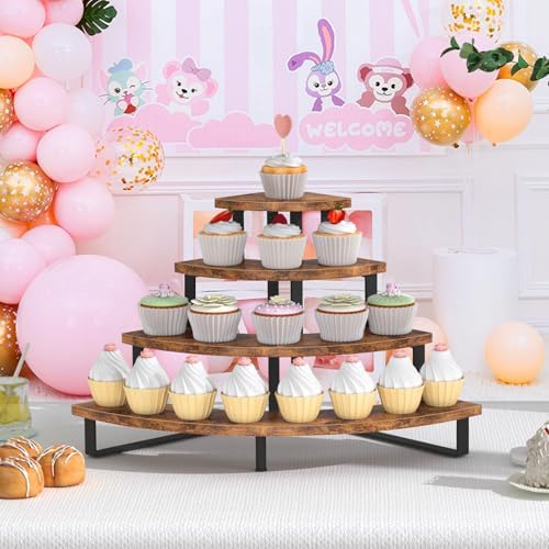 4 Tier Cupcake Stand, Wooden Cup Cake Stand Stairs, Curved Corner in Rustic Brown, alternate view 5