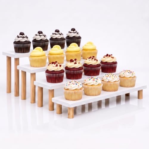 4 Tier Cupcake Stand, Wooden White Riser for Dessert, Perfume & Funko Pop in White