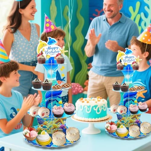 4-Tier Extra Large Happy Birthday Under The Sea Ocean Cardboard Cupcake Stand Ocean Themed Birthday Party, alternate view 2