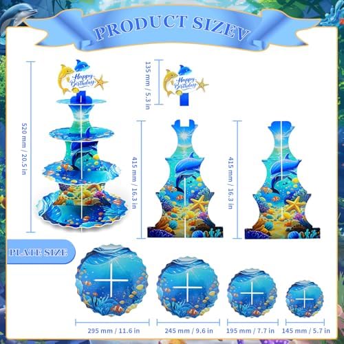 4-Tier Extra Large Happy Birthday Under The Sea Ocean Cardboard Cupcake Stand Ocean Themed Birthday Party, alternate view 3