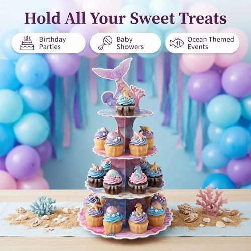 4-Tier Extra Large Mermaid Cupcake Stand, Under The Sea Party Dessert Tower, Mermaid Tail Cupcake Holder for, alternate view