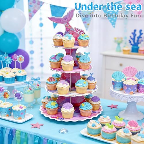4-Tier Extra Large Mermaid Cupcake Stand, Under The Sea Party Dessert Tower, Mermaid Tail Cupcake Holder for, alternate view