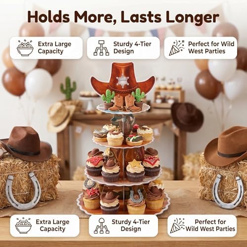 4-Tier Extra Large Western Cowboy Cupcake Stand, Wild West Theme Dessert Tower, Cowboy Cupcake Holder for, alternate view 4