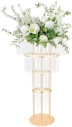 4 Tier Gold Wedding Centerpieces for Table, Crystal Flower Stand with Hanging Crystals, Metal Vases for Wedding