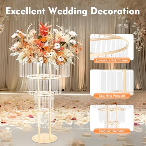 4 Tier Gold Wedding Centerpieces for Table, Crystal Flower Stand with Hanging Crystals, Metal Vases for Wedding, alternate