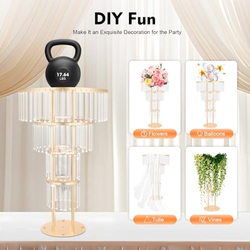 4 Tier Gold Wedding Centerpieces for Table, Crystal Flower Stand with Hanging Crystals, Metal Vases for Wedding, alternate