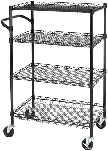 4 Tier Heavy Duty Commercial Grade Rolling Cart with Handle Bar, Metal Wire Utility Cart with Wheels, Shelf Size