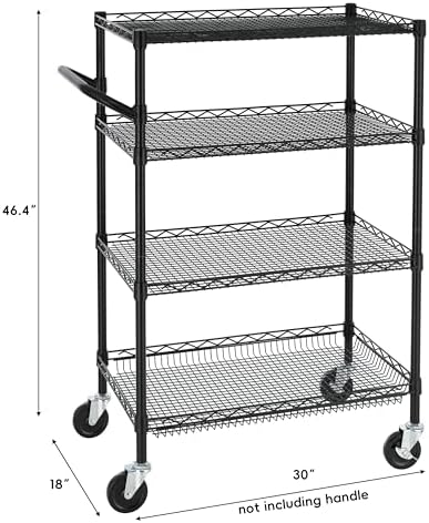 4 Tier Heavy Duty Commercial Grade Rolling Cart with Handle Bar, Metal Wire Utility Cart with Wheels, Shelf Size, alternate