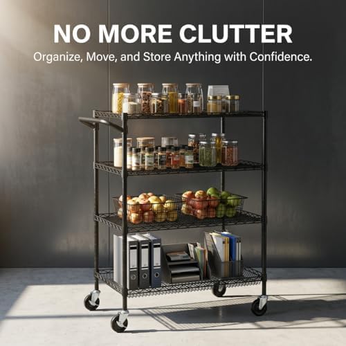 4 Tier Heavy Duty Commercial Grade Rolling Cart with Handle Bar, Metal Wire Utility Cart with Wheels, Shelf Size, alternate