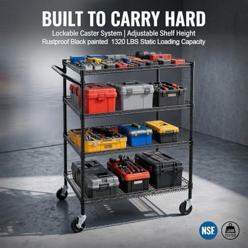 4 Tier Heavy Duty Commercial Grade Rolling Cart with Handle Bar, Metal Wire Utility Cart with Wheels, Shelf Size, alternate