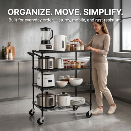 4 Tier Heavy Duty Commercial Grade Rolling Cart with Handle Bar, Metal Wire Utility Cart with Wheels, Shelf Size, alternate