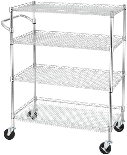 4 Tier Heavy Duty Commercial Grade Rolling Cart with Handle Bar, Metal Wire Utility Cart with Wheels, Kitchen