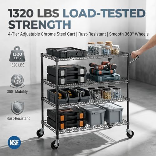 4 Tier Heavy Duty Commercial Grade Rolling Cart with Handle Bar, Metal Wire Utility Cart with Wheels, Service, alternate view