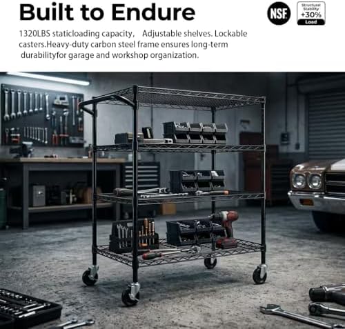 4 Tier Heavy Duty Commercial Grade Rolling Cart with Handle Bar, Metal Wire Utility Cart with Wheels, Service, alternate view