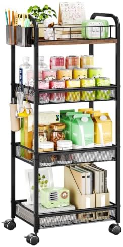 4 Tier Metal Rolling Cart- Utility Storage Cart with Locking Wheels
