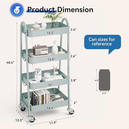 4-Tier Metal Rolling Storage Utility Cart with Lockable Wheels, alternate view 3