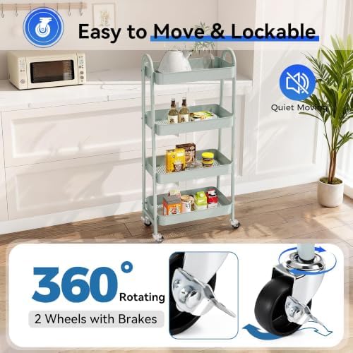 4-Tier Metal Rolling Storage Utility Cart with Lockable Wheels, alternate view 5