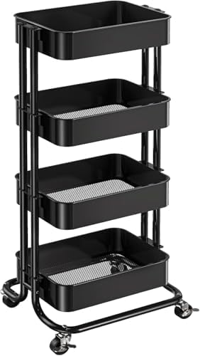 4 Tier Metal Rolling Utility Cart with 2 Lockable Wheels, Black in Black