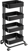 4 Tier Metal Rolling Utility Cart with 2 Lockable Wheels, Black in Black