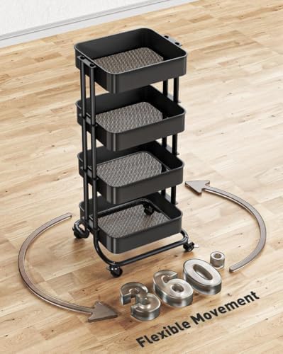 4 Tier Metal Rolling Utility Cart with 2 Lockable Wheels, Black in Black, alternate view 2