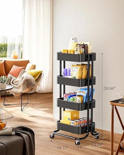4 Tier Metal Rolling Utility Cart with 2 Lockable Wheels, Black in Black, alternate view 3