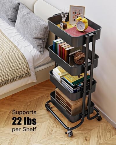 4 Tier Metal Rolling Utility Cart with 2 Lockable Wheels, Black in Black, alternate view 5