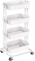 4 Tier Metal Rolling Utility Cart with 2 Lockable Wheels, White in White