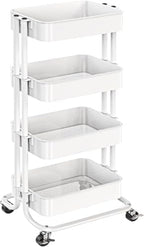 4 Tier Metal Rolling Utility Cart with 2 Lockable Wheels, White in White