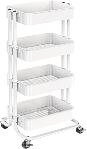 4 Tier Metal Rolling Utility Cart with 2 Lockable Wheels, White in White