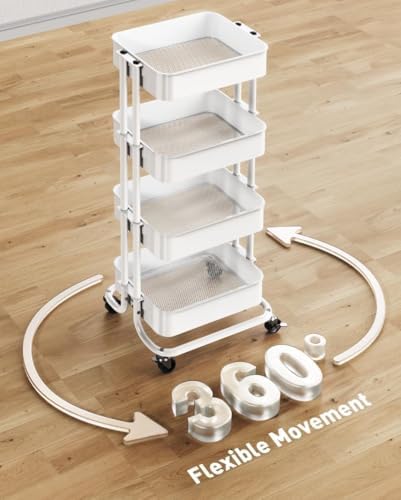 4 Tier Metal Rolling Utility Cart with 2 Lockable Wheels, White in White, alternate view 2