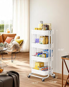 4 Tier Metal Rolling Utility Cart with 2 Lockable Wheels, White in White, alternate view 3