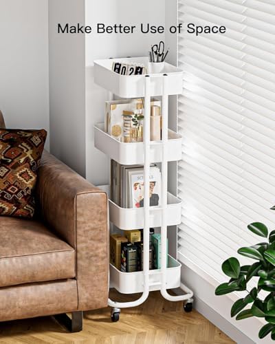 4 Tier Metal Rolling Utility Cart with 2 Lockable Wheels, White in White, alternate view 4