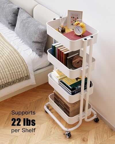 4 Tier Metal Rolling Utility Cart with 2 Lockable Wheels, White in White, alternate view 5