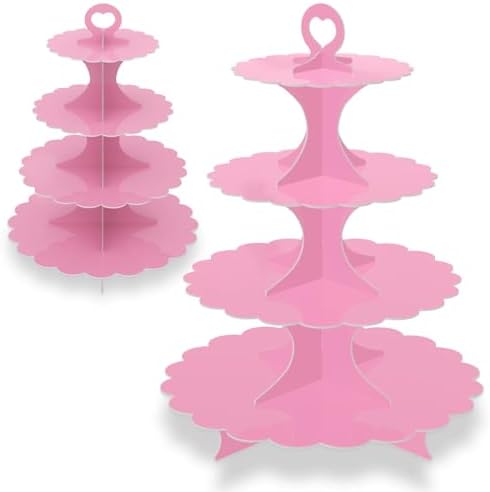 4-Tier Pink Cupcake Stand 2-Pack, Round Cardboard Dessert Display Tower, Quick Easy Assembly for Bridal Baby