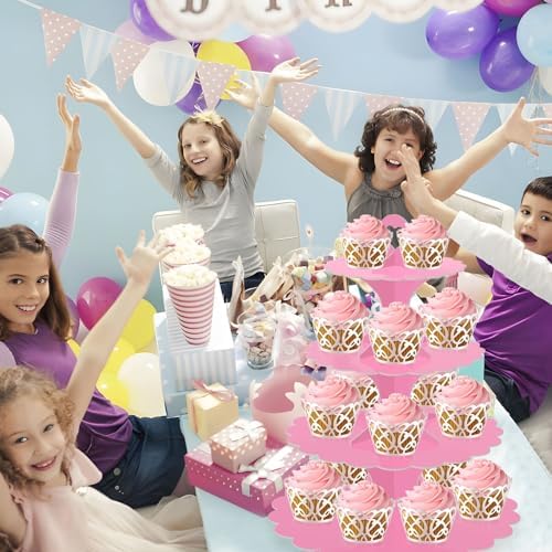 4-Tier Pink Cupcake Stand 2-Pack, Round Cardboard Dessert Display Tower, Quick Easy Assembly for Bridal Baby, alternate view