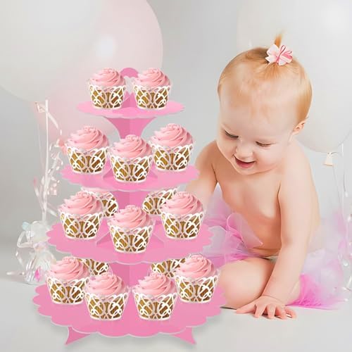4-Tier Pink Cupcake Stand 2-Pack, Round Cardboard Dessert Display Tower, Quick Easy Assembly for Bridal Baby, alternate view