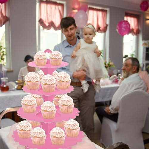 4-Tier Pink Cupcake Stand 2-Pack, Round Cardboard Dessert Display Tower, Quick Easy Assembly for Bridal Baby, alternate view