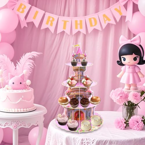 4-Tier Princess Extra Large Cupcake Stand - Pink Castle Theme Reusable Dessert Tower for Girls Birthday, alternate view 2