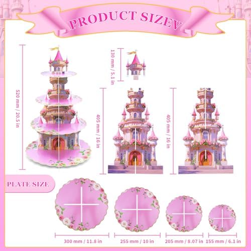 4-Tier Princess Extra Large Cupcake Stand - Pink Castle Theme Reusable Dessert Tower for Girls Birthday, alternate view 3
